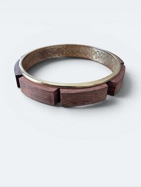 Segmented Wood and Brass Bangle Bracelet Chunky Boho Retro